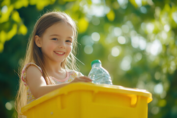 Eco friendly lifestyle concept with smiling girl recycling plastic in nature.