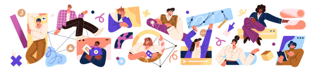 Teamwork and communication of business team at online meetings. Workflow of remote work by video call. Employees and office workers discuss tasks together. Flat isolated vector illustration on white.