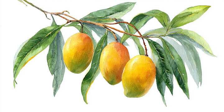 Watercolor botanical mangoes on a branch with green leaves, isolated on white background.