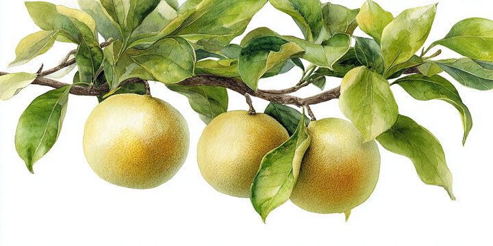 Watercolor botanical pomelos on a branch with green leaves, isolated on white background.