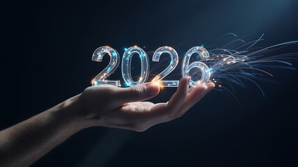 A hand holding glowing 2026 numbers with sparkling effects on dark background