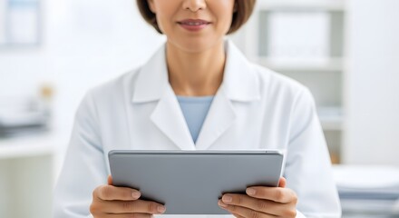 Professional female doctor in a white lab coat holding a digital tablet. Blurred hospital background. Concept of telemedicine and digital healthcare.