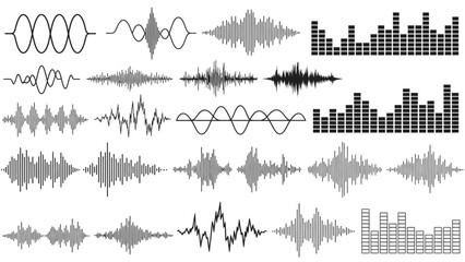Collection of Diverse Sound Wave and Equalizer Patterns, Representing Audio Frequencies, on a Bright Background