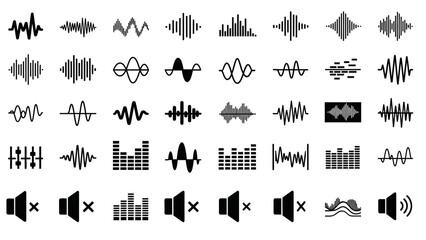Collection of Sound Wave Audio Equalizer and Volume Control Icons Set, isolated white background