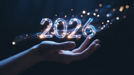 A hand holding the glowing year 2026 with sparkling lights and trails