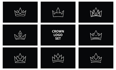 Minimal Crown Logo Set &ndash; Modern Royal Line Icon Collection on Black Background
