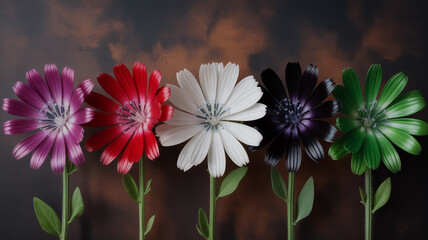 Ultra-realistic close-up of five chicory flowers arranged perfectly in a horizontal line against a rich, dark brown textured background.