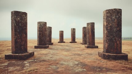 Towering ancient basaltic pillars standing in a weathered, arid landscape under a cloudy sky