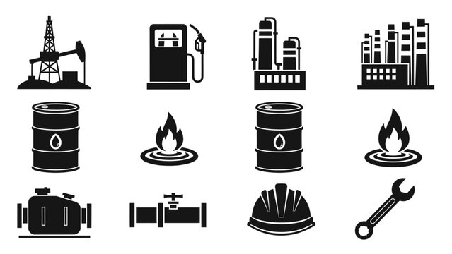 Set of industrial and energy sector flat icons including oil, gas, and construction elements on isolated white background.