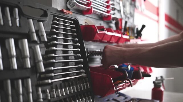 Serviceman Putting All Tools And Wrencher In Places On A Mechanic's Shelf In The Garage
