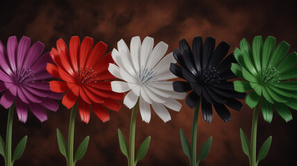 Ultra-realistic close-up of five chicory flowers arranged perfectly in a horizontal line against a rich, dark brown textured background.