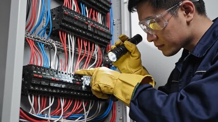 Experienced electrical technician carefully adjusting circuit breaker inside modern power distribution panel ensuring safe operation professional maintenance and reliable energy control