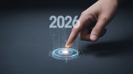 A hand interacting with a futuristic interface displaying the year 2026