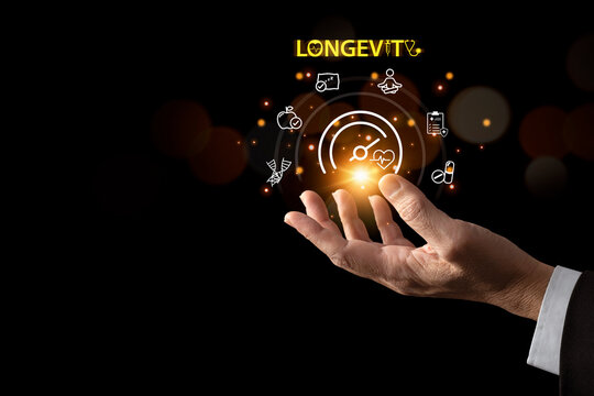 Businessman show his hand with the floating health and longevity icons, symbolizing wellness innovation, digital healthcare, and future lifestyle technology.