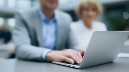 A business person types on a laptop computer, engaged in focused work, with a colleague blurred in the background. Illustrating modern office interaction.