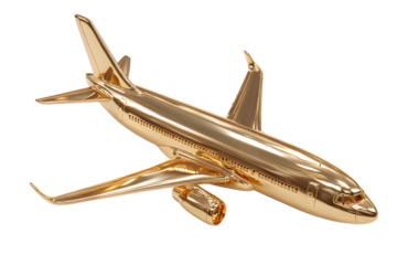 Golden airplane model isolated on white background