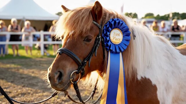Champion pony with a first place prize ribbon at an equestrian show. Close-up of a winning horse after a competition. Success and achievement in animal sports