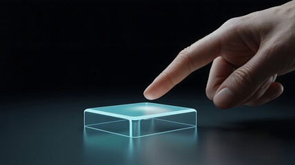 A hand interacting with a glowing glass cube on a dark surface with blue reflections