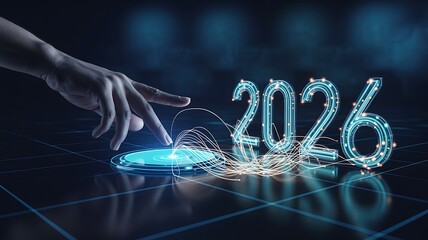 A hand interacts with a futuristic interface to activate 2026 in glowing blue neon lights