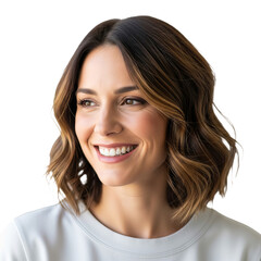 A happy professional woman with a neat haircut and makeup smiling for the camera.