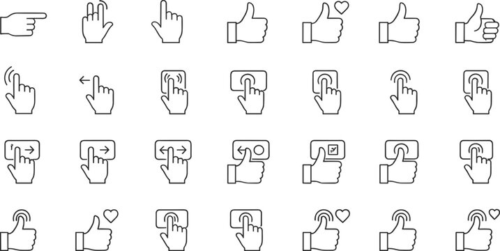 Hand gesture and interaction outline icon set with click touch like swipe and pointing symbols for user interface design