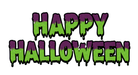 Stylized graphic text "HAPPY HALLOWEEN" distressed, hand-drawn with purple 'HAPPY', neon green 'HALLOWEEN', black outline, dripping effect on white background, playful Halloween celebration concept