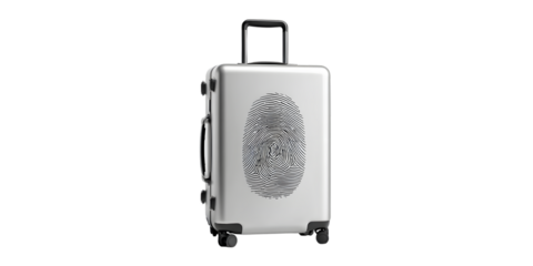 Silver suitcase with fingerprint design isolated on white background