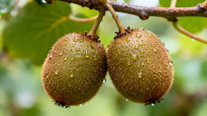 Fresh and juicy kiwis with glistening water droplets hanging from a branch after a gentle rain