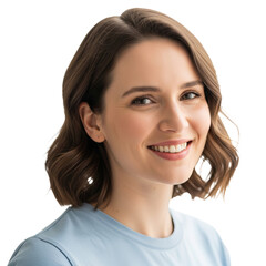 A happy young professional smiling for the camera with her eyes closed and short blonde hair. She is wearing a light blue shirt and has