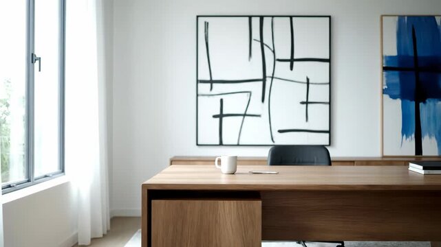 A minimalist office features a wooden desk with a mug and pen, artwork, a window with curtains, a chair, and a clean aesthetic