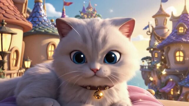 An adorable tabby kitten with fluffy fur and white whiskers sits looking at a red Christmas tree, creating a cute portrait of a young domestic feline pet