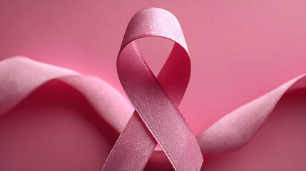 Soft focus light pink satin ribbon forming a symbolic awareness loop against a blurred pastel pink background, representing hope and support in a gentle, elegant style