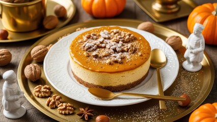 Delicious homemade pumpkin cheesecake topped with walnuts and powdered sugar, served on a white plate on a golden tray for autumn holiday celebration