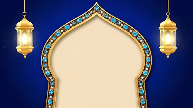 A gold Islamic arch with lanterns on a blue background.