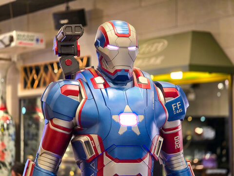 Taipei, Taiwan, November 16, 2025 &ndash; Iron Patriot Armor Model Combining Ironman Technology and Captain America Symbolism