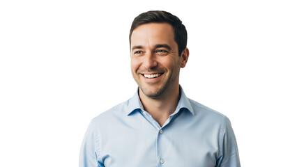 A professional man in a blue shirt smiling for the camera on a clear background.