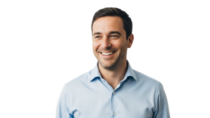 A professional man in a blue shirt smiling for the camera on a clear background.