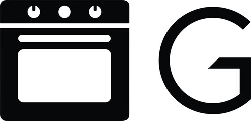 Modern kitchen oven appliance icon with letter G logo for home cooking appliance brands culinary services restaurant technology and domestic kitchen equipment.
