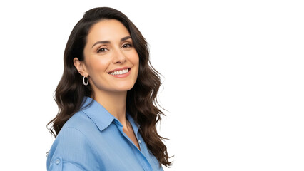 A smiling woman wearing a hair accessory and glasses on a transparent background. She appears to be a professional