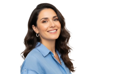 A smiling woman wearing a hair accessory and glasses on a transparent background. She appears to be a professional