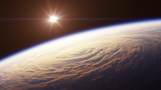 Movement of the Sun over a large hurricane on Earth. 3d animation. 4k.