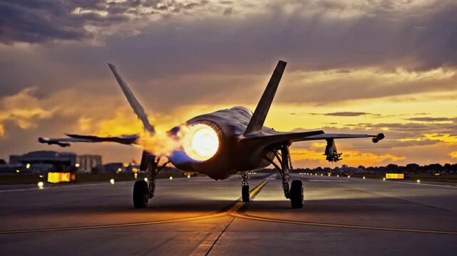 A  Military jet fighter ready to take off during dramatic sunset sky 