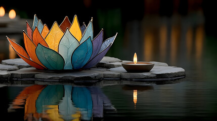 Colorful Glass Lotus Flower on Water Surface