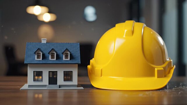 A house model and hard hat on a table for construction safety.