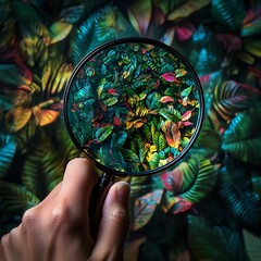 Magnifying glass reveals colorful leaves in a dense green jungle hand holding photo