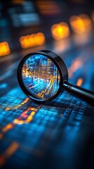 Magnifying glass reveals city skyline reflected on financial data charts stock market photo