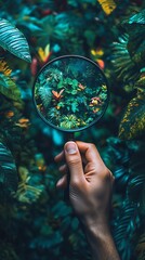 Magnifying glass reveals lush green tropical plants and flowers hand holding photo
