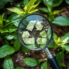 Magnifying glass reveals recycling symbol in soil and plants green photo