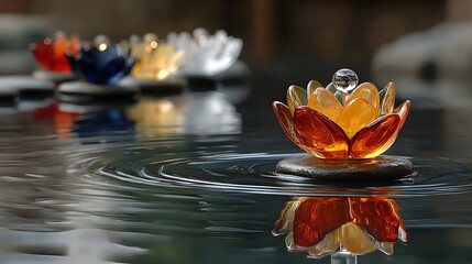Colorful Glass Lotus Flower on Water Surface