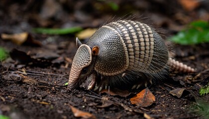 Obraz premium Nine-Banded Armadillo Foraging on Forest Floor